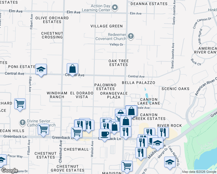 map of restaurants, bars, coffee shops, grocery stores, and more near 6519 Main Avenue in Orangevale