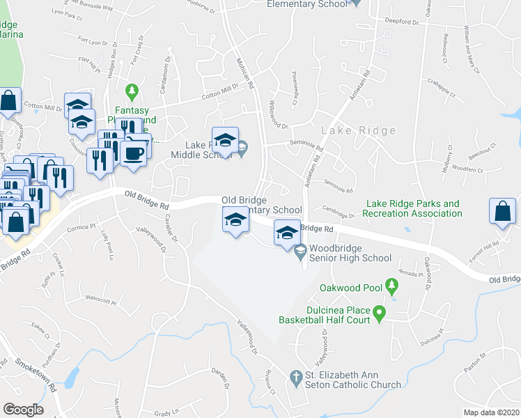 map of restaurants, bars, coffee shops, grocery stores, and more near 3052 Choctaw Ridge Court in Woodbridge