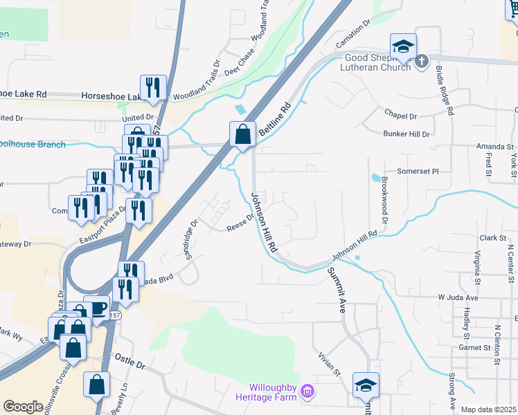 map of restaurants, bars, coffee shops, grocery stores, and more near 677 Johnson Hill Road in Collinsville