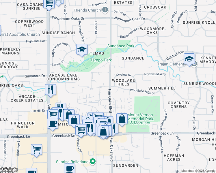 map of restaurants, bars, coffee shops, grocery stores, and more near 12801 Fair Oaks Boulevard in Citrus Heights