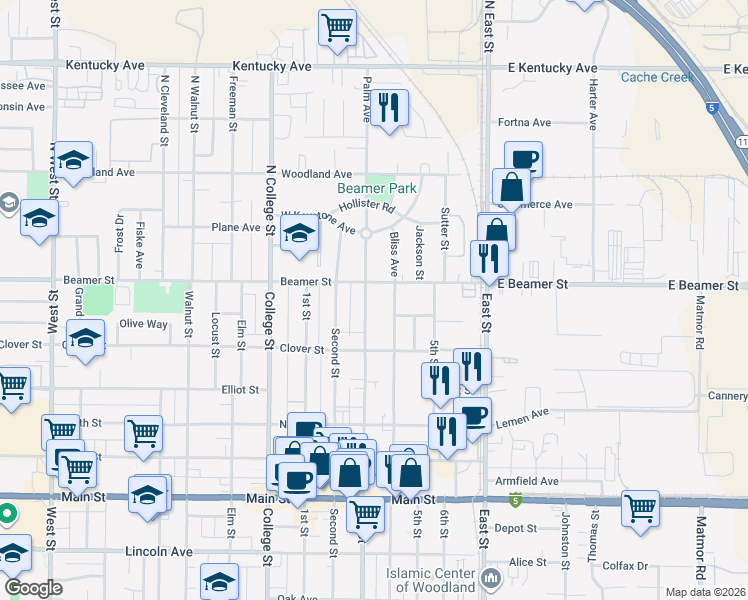 map of restaurants, bars, coffee shops, grocery stores, and more near 19 3rd Street in Woodland