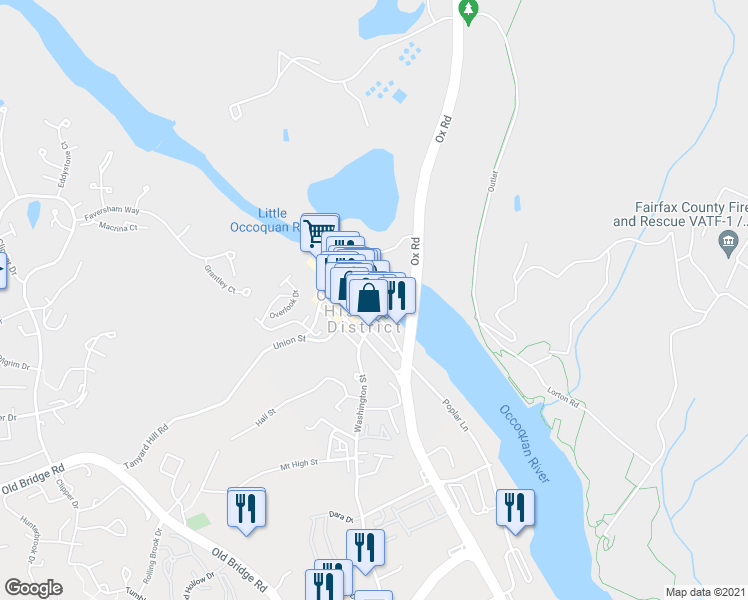 map of restaurants, bars, coffee shops, grocery stores, and more near 254 Gaslight Landing Court in Occoquan