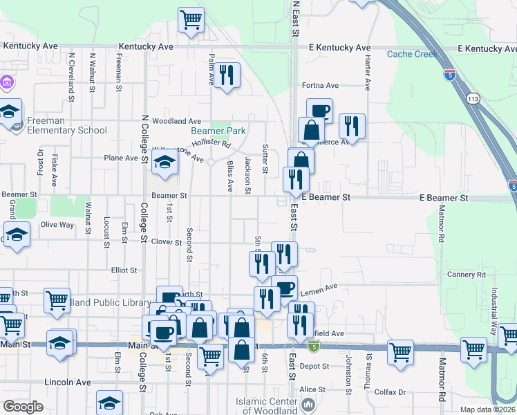 map of restaurants, bars, coffee shops, grocery stores, and more near 51 5th Street in Woodland