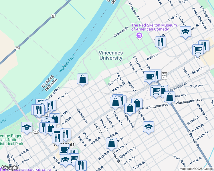 map of restaurants, bars, coffee shops, grocery stores, and more near 1006 North 3rd Street in Vincennes