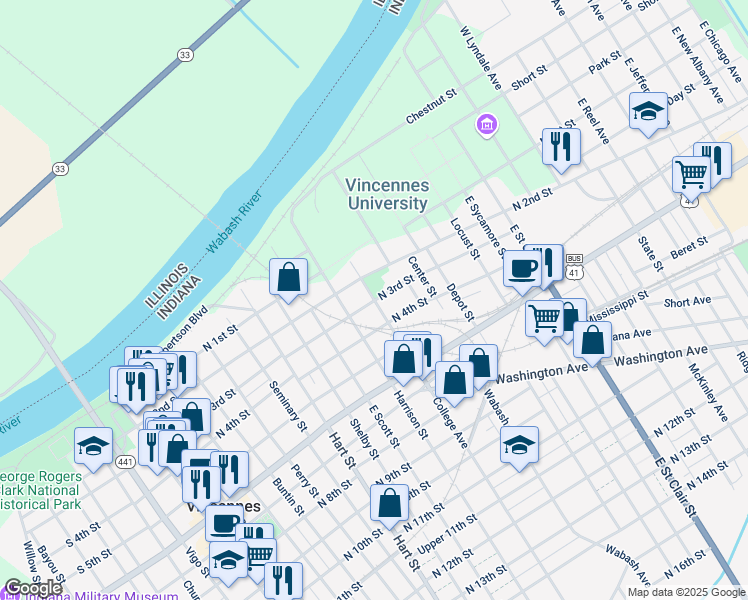 map of restaurants, bars, coffee shops, grocery stores, and more near 1006 North 3rd Street in Vincennes