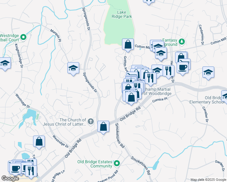 map of restaurants, bars, coffee shops, grocery stores, and more near 12442 Everest Peak Lane in Woodbridge