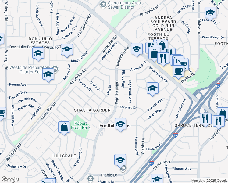 map of restaurants, bars, coffee shops, grocery stores, and more near 6501 Hillsdale Boulevard in Sacramento