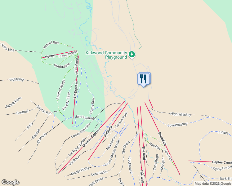 map of restaurants, bars, coffee shops, grocery stores, and more near 1215 Kirkwood Meadows Drive in Kirkwood