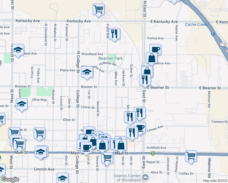 map of restaurants, bars, coffee shops, grocery stores, and more near 6 4th Street in Woodland