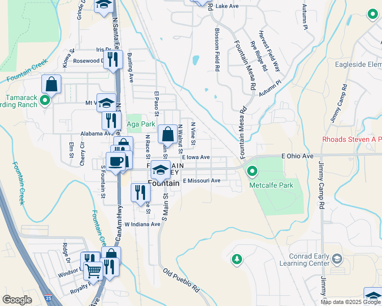 map of restaurants, bars, coffee shops, grocery stores, and more near 215 East Ohio Avenue in Fountain