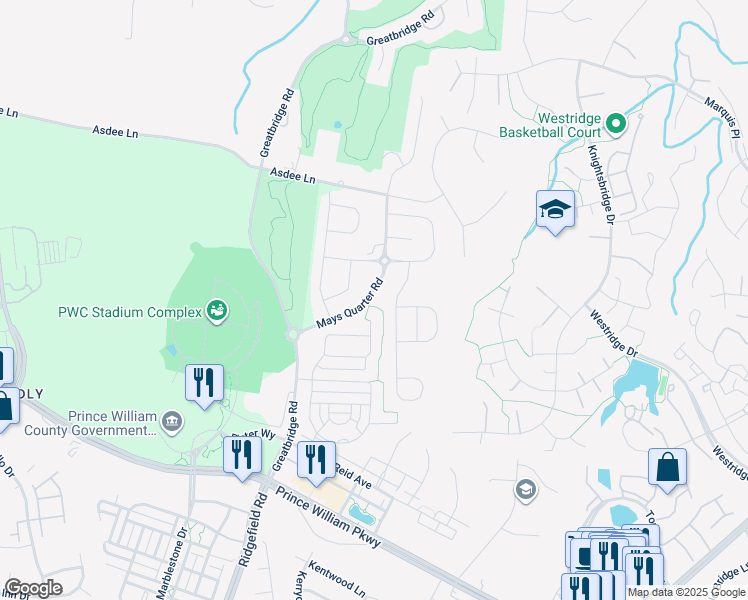 map of restaurants, bars, coffee shops, grocery stores, and more near 12421 Mays Quarter Road in Woodbridge