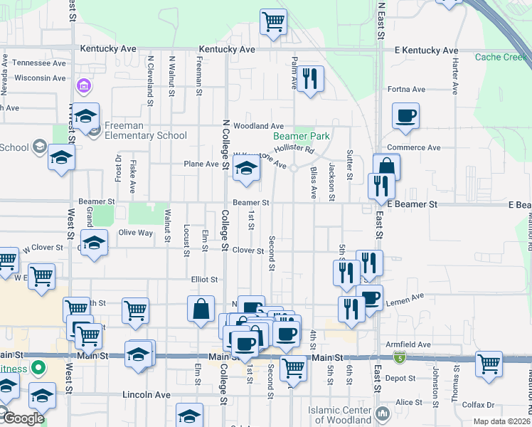 map of restaurants, bars, coffee shops, grocery stores, and more near 41 2nd Street in Woodland