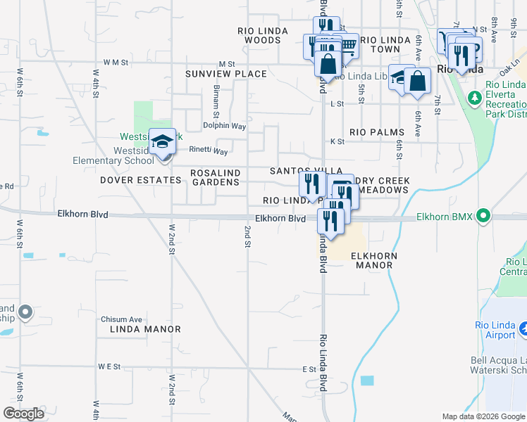 map of restaurants, bars, coffee shops, grocery stores, and more near 200 Elkhorn Boulevard in Rio Linda