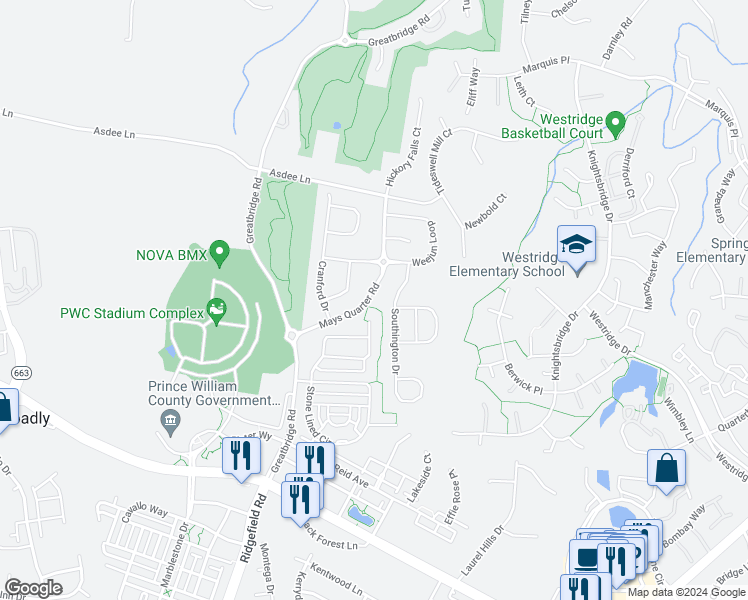 map of restaurants, bars, coffee shops, grocery stores, and more near 12421 Mays Quarter Road in Woodbridge