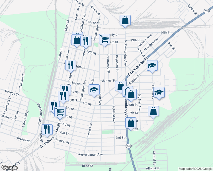 map of restaurants, bars, coffee shops, grocery stores, and more near 1723 Edwardsville Road in Madison
