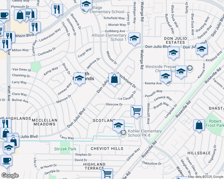 map of restaurants, bars, coffee shops, grocery stores, and more near 6300 La Cienega Drive in North Highlands