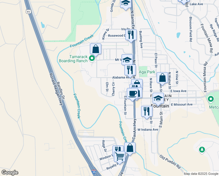 map of restaurants, bars, coffee shops, grocery stores, and more near 106 Cherry Circle in Fountain