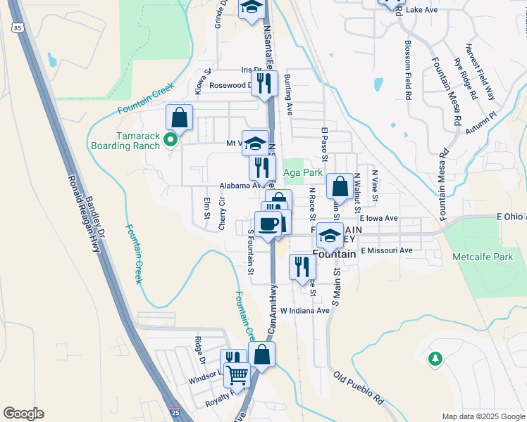map of restaurants, bars, coffee shops, grocery stores, and more near 207 North Santa Fe Avenue in Fountain