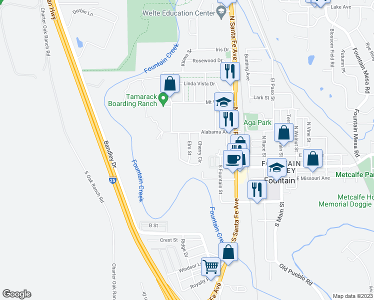 map of restaurants, bars, coffee shops, grocery stores, and more near 113 Elm Street in Fountain