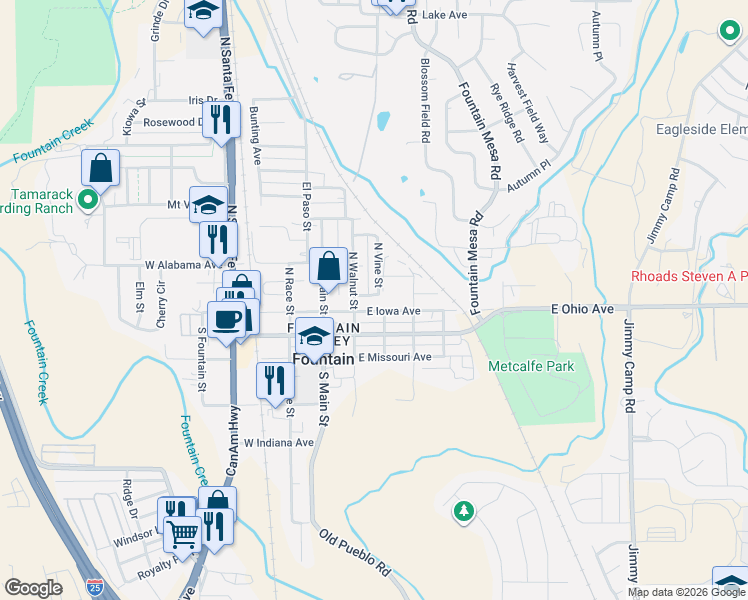 map of restaurants, bars, coffee shops, grocery stores, and more near 225 North Vine Street in Fountain