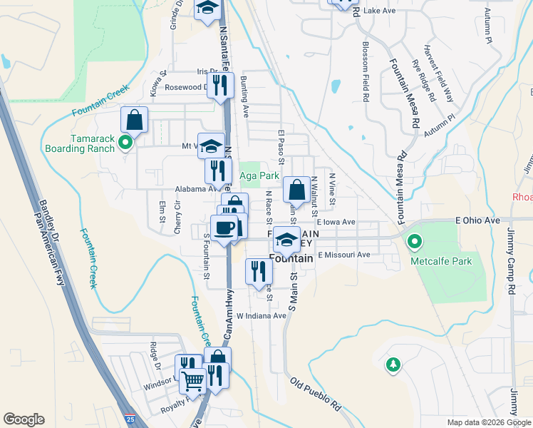 map of restaurants, bars, coffee shops, grocery stores, and more near 221 North Race Street in Fountain