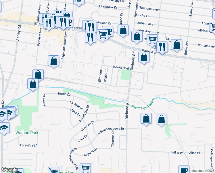 map of restaurants, bars, coffee shops, grocery stores, and more near 1415 Wishart Place in St. Louis