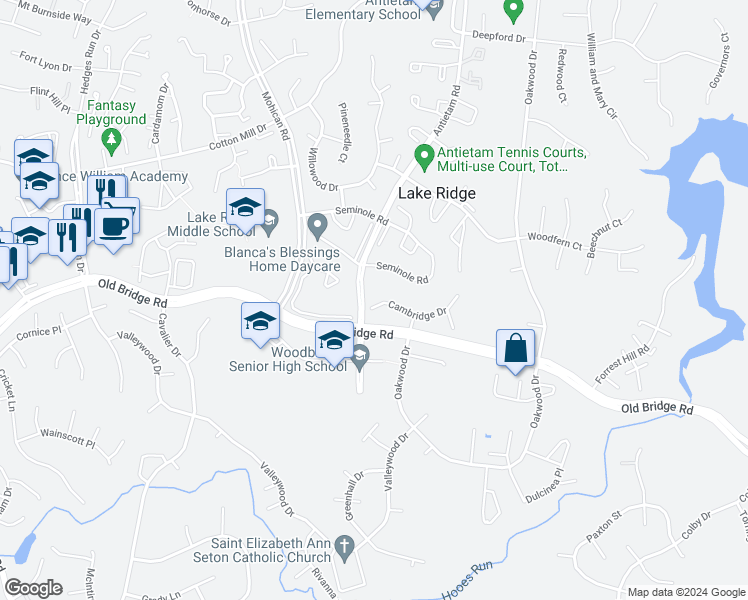 map of restaurants, bars, coffee shops, grocery stores, and more near 2948 Cambridge Drive in Woodbridge