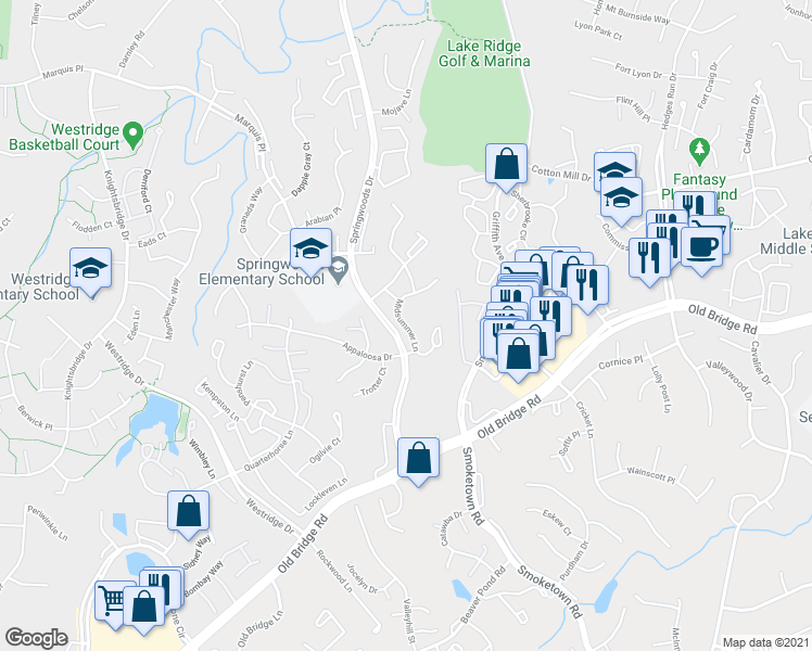 map of restaurants, bars, coffee shops, grocery stores, and more near Midsummer Lane in Woodbridge