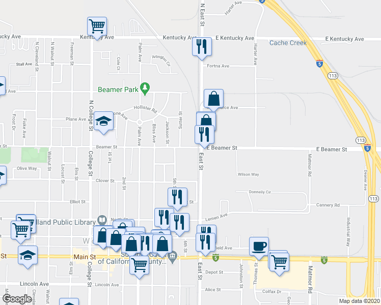 map of restaurants, bars, coffee shops, grocery stores, and more near 1003 Beamer Street in Woodland