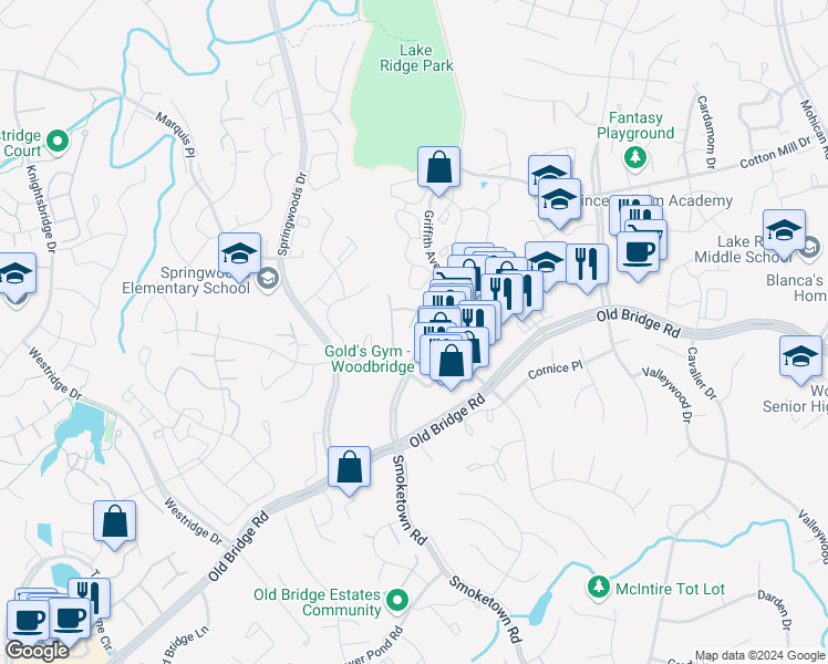 map of restaurants, bars, coffee shops, grocery stores, and more near 12433 Goa Place in Woodbridge