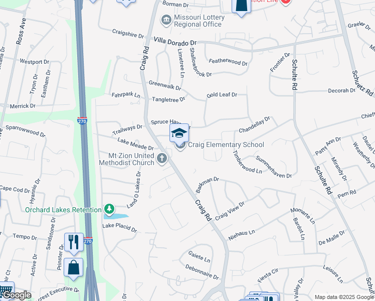 map of restaurants, bars, coffee shops, grocery stores, and more near 1492 Craig Road in St. Louis