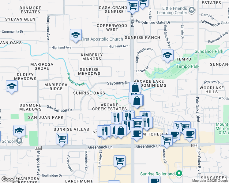 map of restaurants, bars, coffee shops, grocery stores, and more near 6548 Ming Way in Citrus Heights