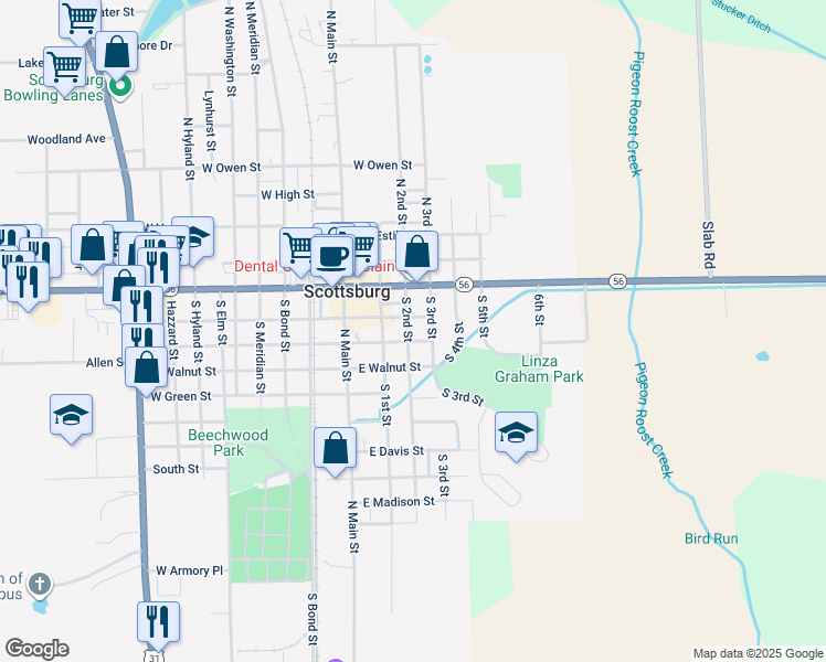 map of restaurants, bars, coffee shops, grocery stores, and more near 90 South 3rd Street in Scottsburg