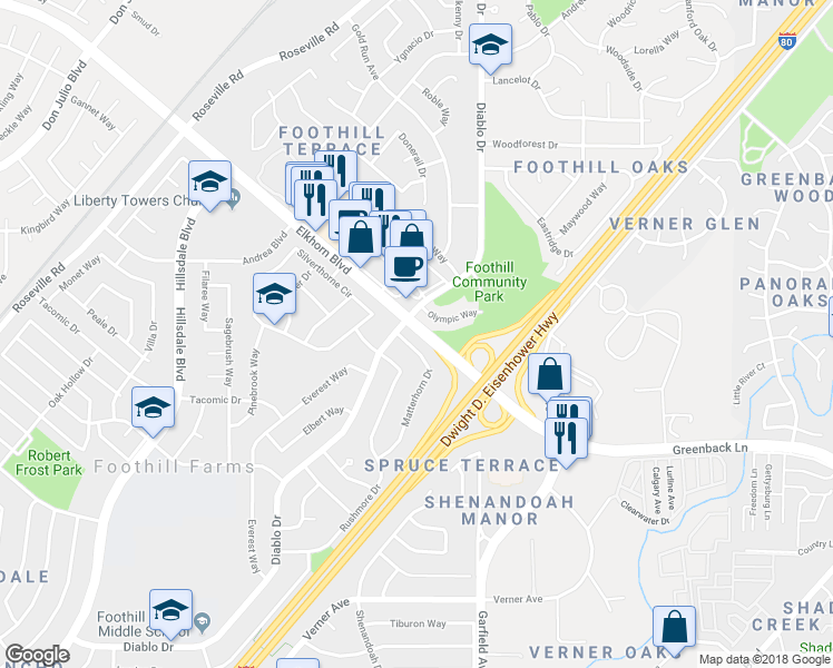 map of restaurants, bars, coffee shops, grocery stores, and more near 5132 Elkhorn Boulevard in Sacramento