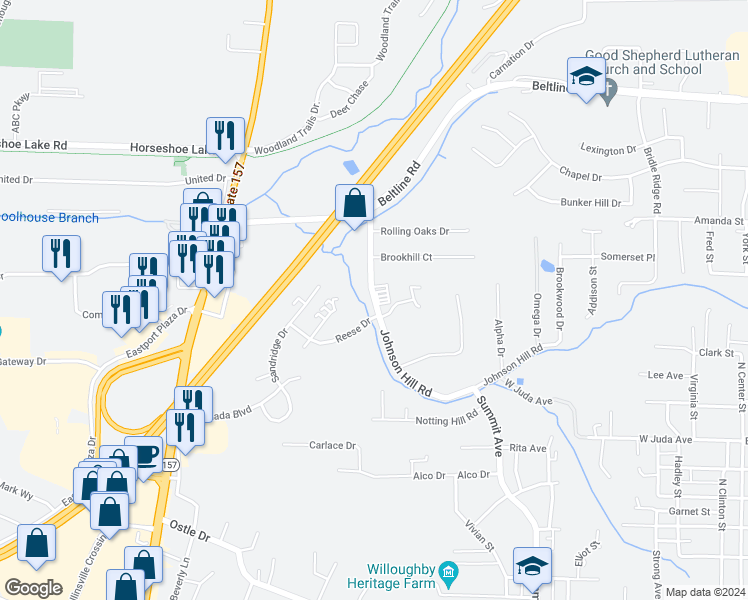 map of restaurants, bars, coffee shops, grocery stores, and more near 718 Johnson Hill Road in Collinsville