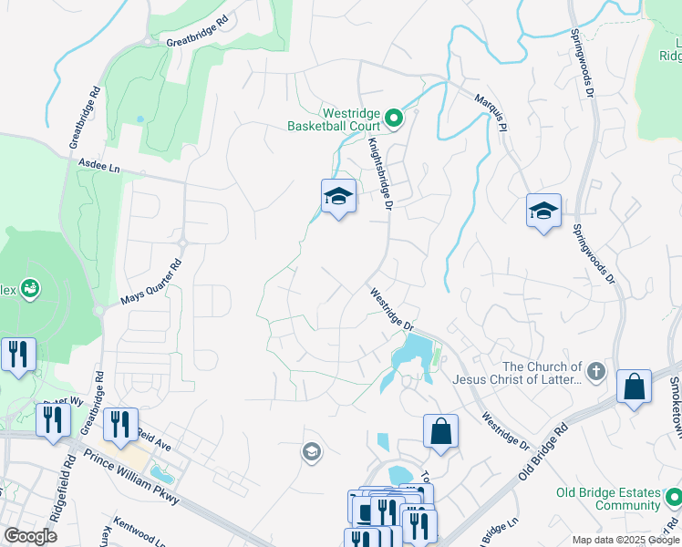 map of restaurants, bars, coffee shops, grocery stores, and more near 4360 Huntley Court in Woodbridge