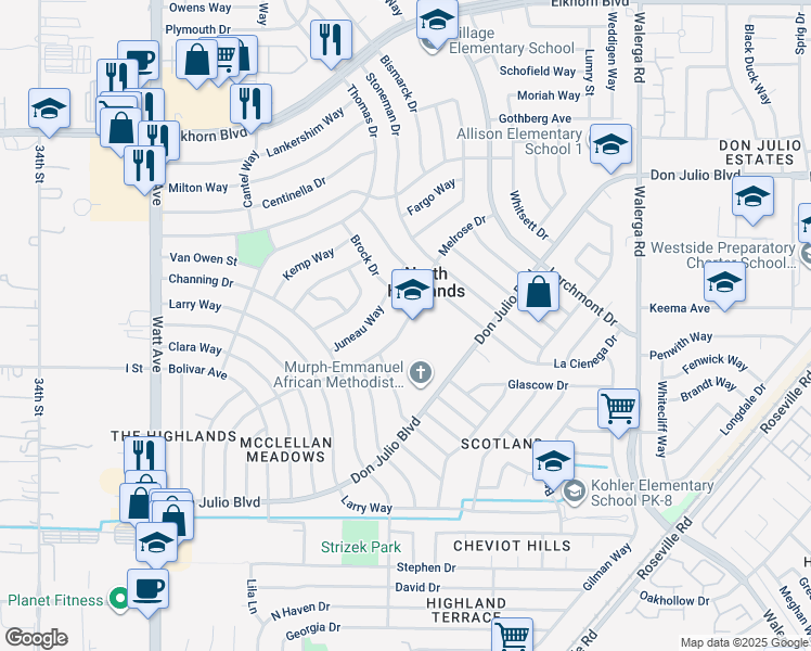 map of restaurants, bars, coffee shops, grocery stores, and more near 6560 Melrose Drive in North Highlands
