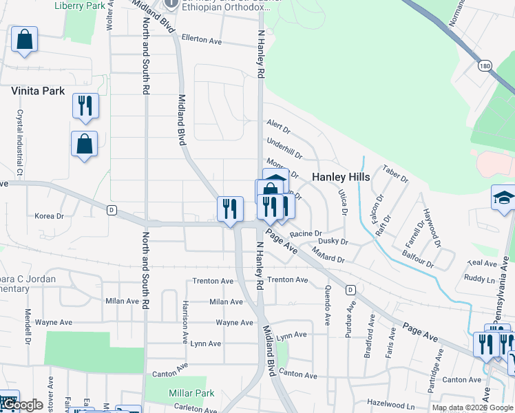 map of restaurants, bars, coffee shops, grocery stores, and more near 1730 North Hanley Road in St. Louis
