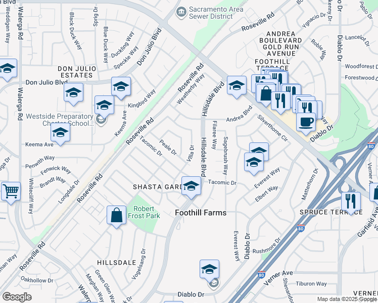 map of restaurants, bars, coffee shops, grocery stores, and more near 6520 Demuth Circle in Sacramento