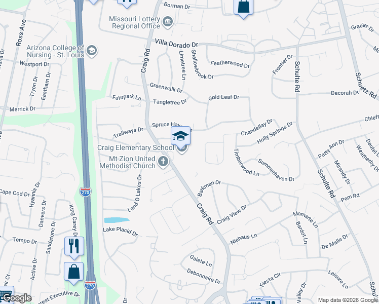 map of restaurants, bars, coffee shops, grocery stores, and more near 1492 Craig Road in St. Louis