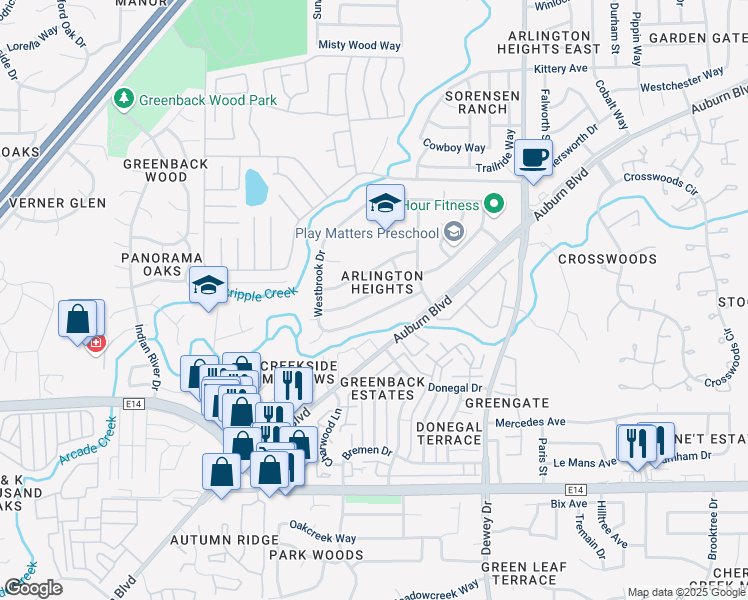 map of restaurants, bars, coffee shops, grocery stores, and more near 6400 Trenton Way in Citrus Heights