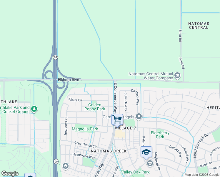 map of restaurants, bars, coffee shops, grocery stores, and more near 5301 East Commerce Way in Sacramento
