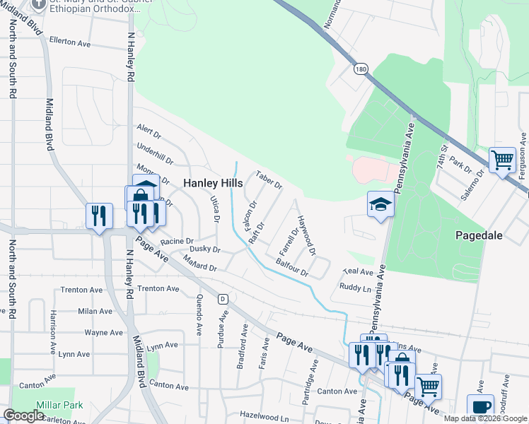 map of restaurants, bars, coffee shops, grocery stores, and more near 2004 Falcon Drive in St. Louis