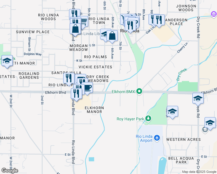 map of restaurants, bars, coffee shops, grocery stores, and more near 6438 6th Street in Rio Linda