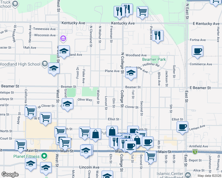 map of restaurants, bars, coffee shops, grocery stores, and more near 403 Beamer Street in Woodland