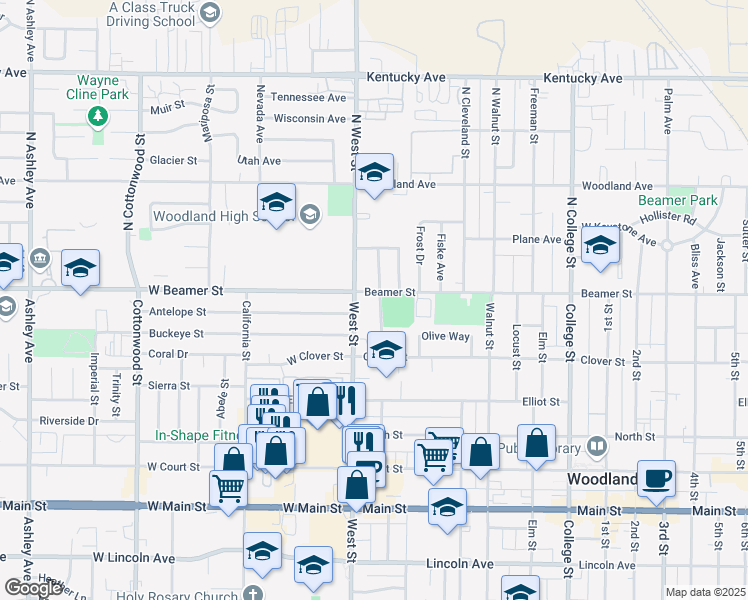 map of restaurants, bars, coffee shops, grocery stores, and more near 9 Beamer Street in Woodland