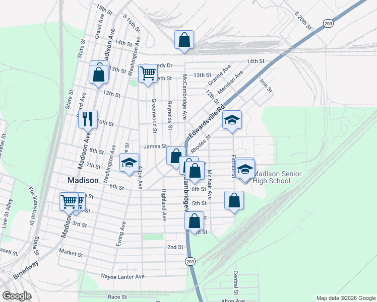 map of restaurants, bars, coffee shops, grocery stores, and more near 1863 Edwardsville Road in Madison