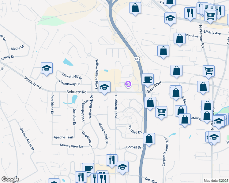 map of restaurants, bars, coffee shops, grocery stores, and more near 18 Millstone Campus Drive in St. Louis