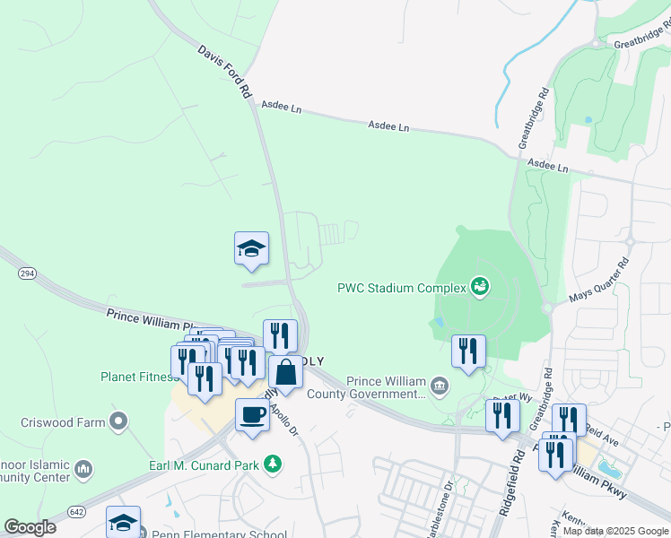 map of restaurants, bars, coffee shops, grocery stores, and more near 5026 Davis Ford Road in Woodbridge