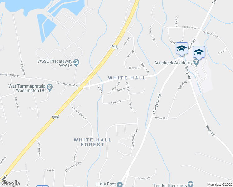 map of restaurants, bars, coffee shops, grocery stores, and more near 1105 Ayer Street in Accokeek